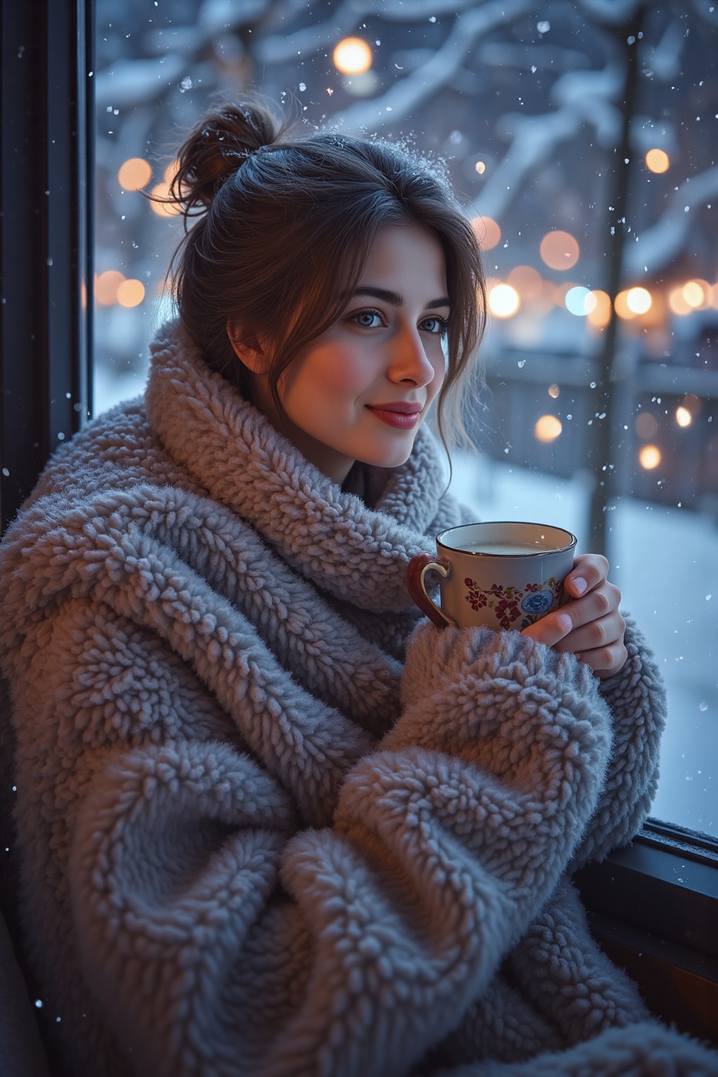Enveloped in the warmth of a plush blanket,  a young woman savors the comfort of a hot beverage on a frosty winter evening...
