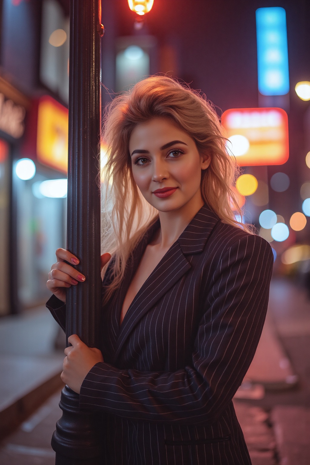 Under the vibrant city lights,  a woman exudes confidence and style. Dressed in an elegant tailored suit,  she stands grac...