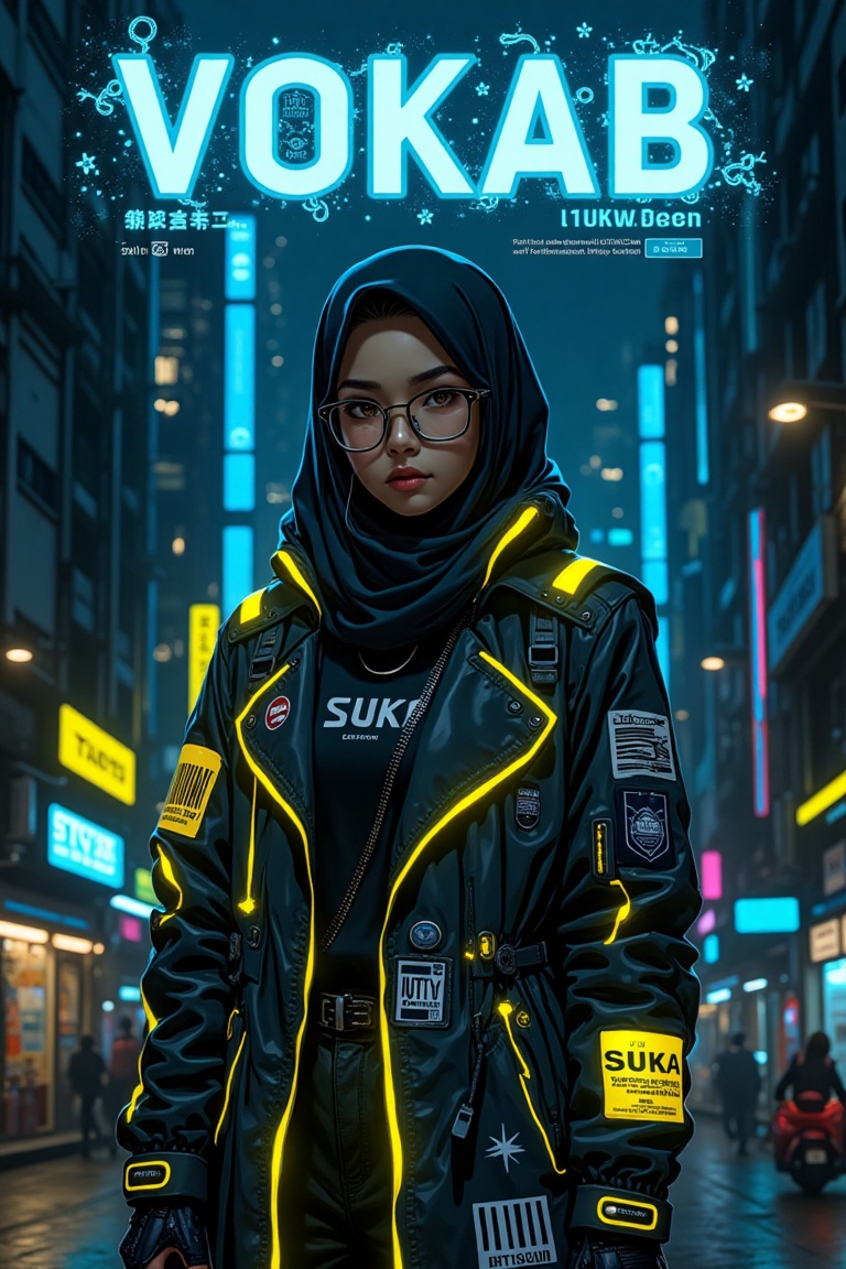 A cyberpunk techwear jacket cover poster featuring a Malay woman wearing a hijab and a loose trench jacket. She stands con...