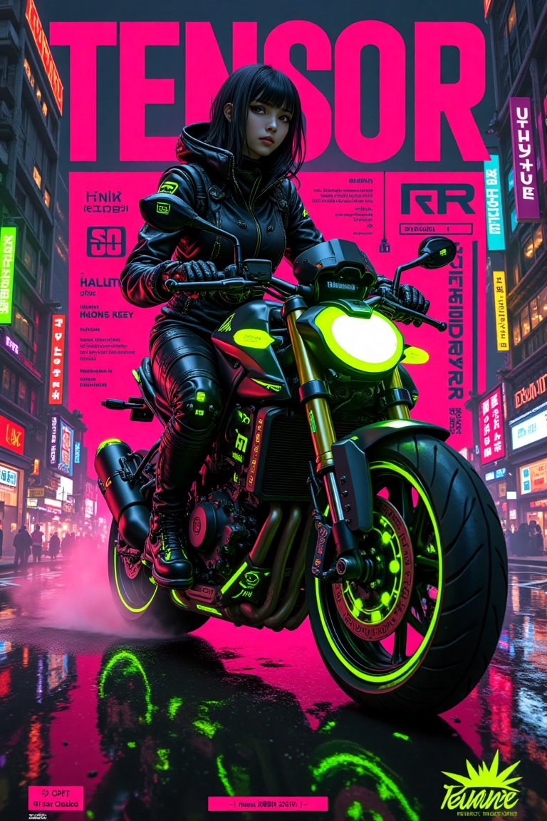 A cyberpunk techwear jacket cover poster featuring a woman in a magenta-themed cybernatic outfit riding a futuristic motor...