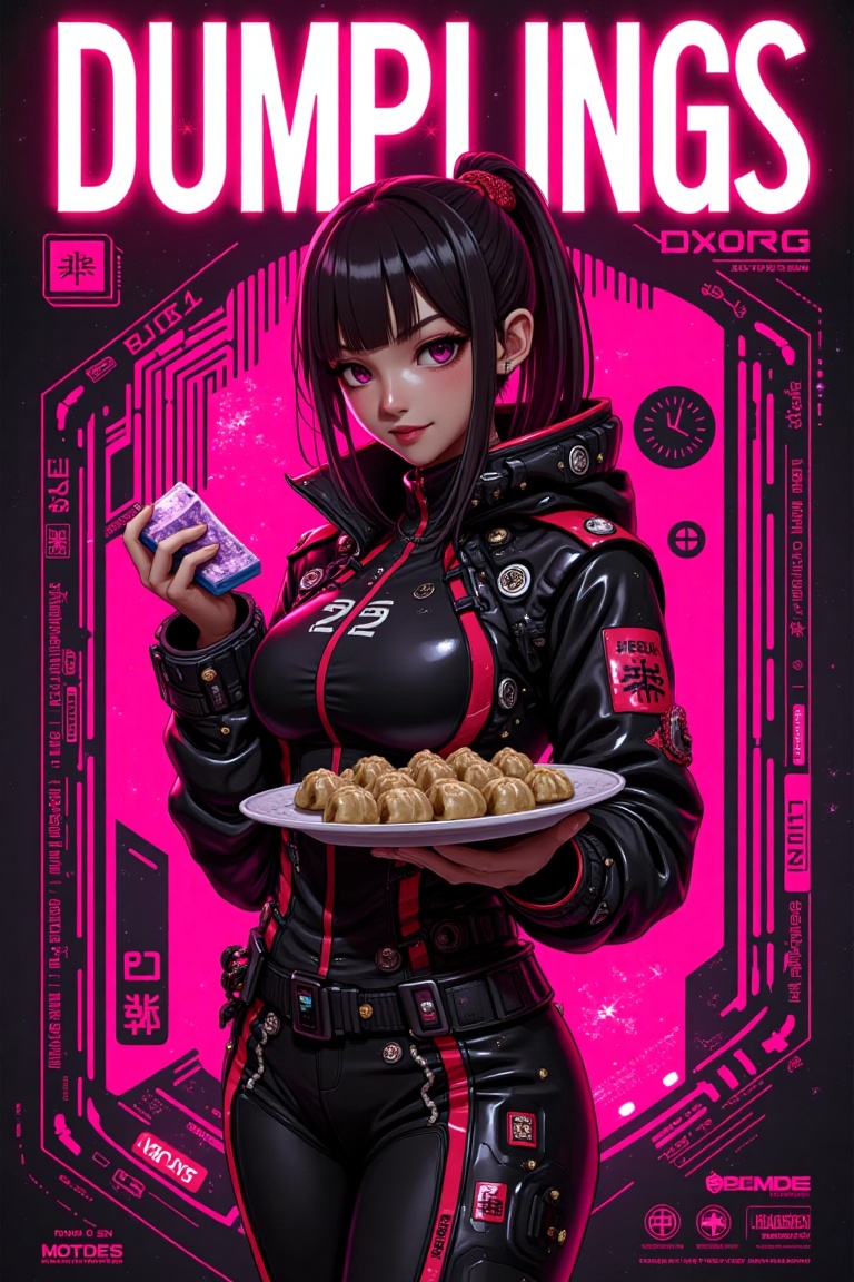 A cyberpunk techwear jacket cover poster featuring a Chinese woman holding a plate of dumplings. The text DUMPLINGS glows...