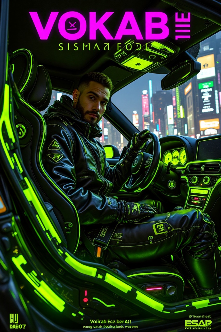 A cyberpunk techwear jacket cover poster featuring a man in futuristic attire riding in a luxury car. The text VOKAB AI gl...
