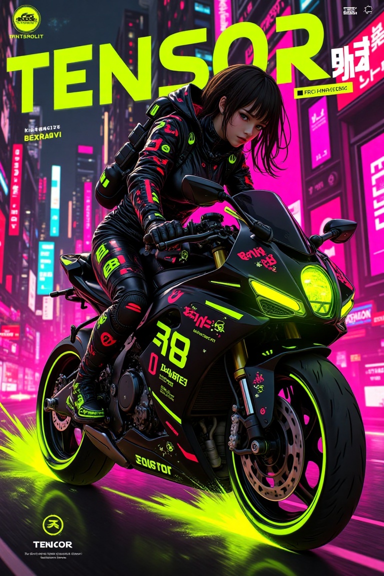 A cyberpunk techwear jacket cover poster featuring a woman in a magenta-themed cybernatic outfit riding a futuristic motor...