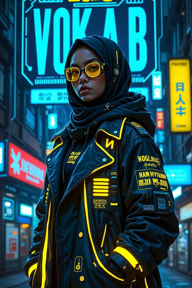 A cyberpunk techwear jacket cover poster featuring a Malay woman wearing a hijab and a loose trench jacket. She stands con...