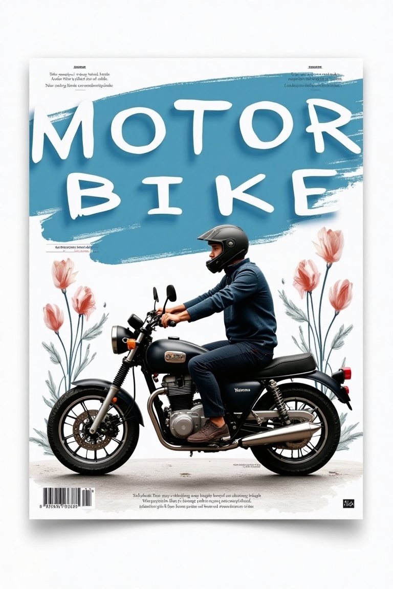 A neo-botanical magazine cover poster with MOTORBIKE in white font on a blue background,  set against a white background....