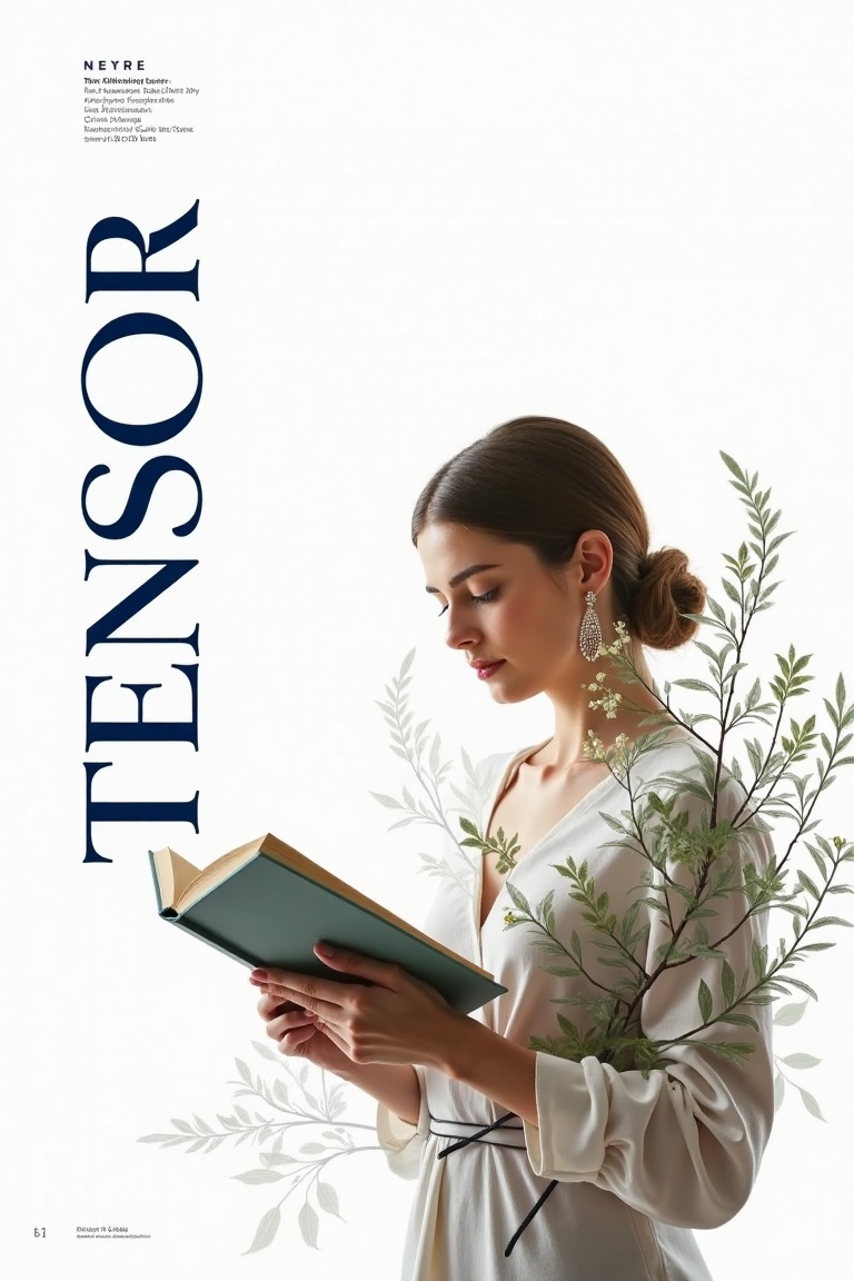 A neo-botanical magazine cover poster with TENSOR in blue text on the left side,  set against a white background. The main...