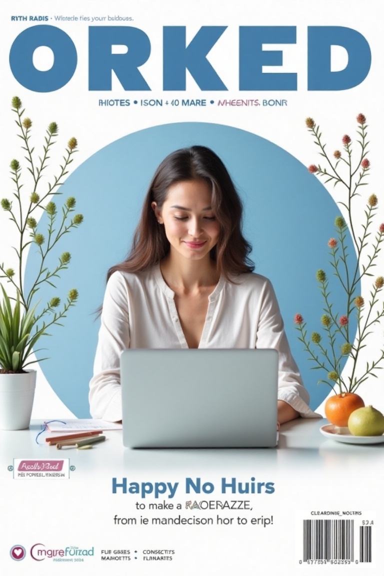 A neo-botanical magazine cover poster with ORKED in white font on a blue background,  set against a white background. The...