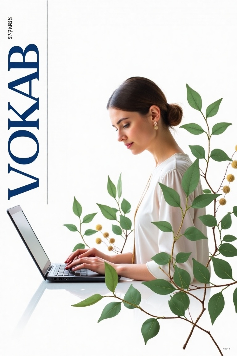 A neo-botanical magazine cover poster with VOKAB in blue text on the left side,  set against a white background. The main...