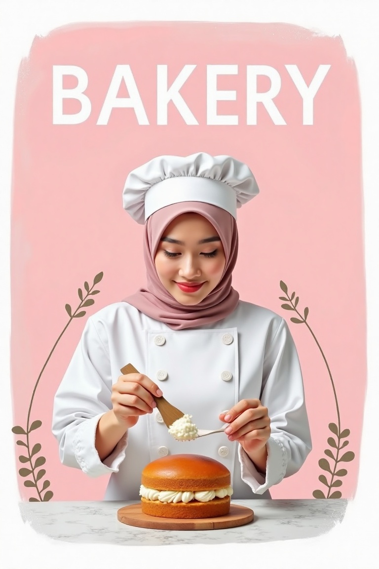 A neo-botanical magazine cover poster with BAKERY in white font on a pink background,  set against a white background. The...