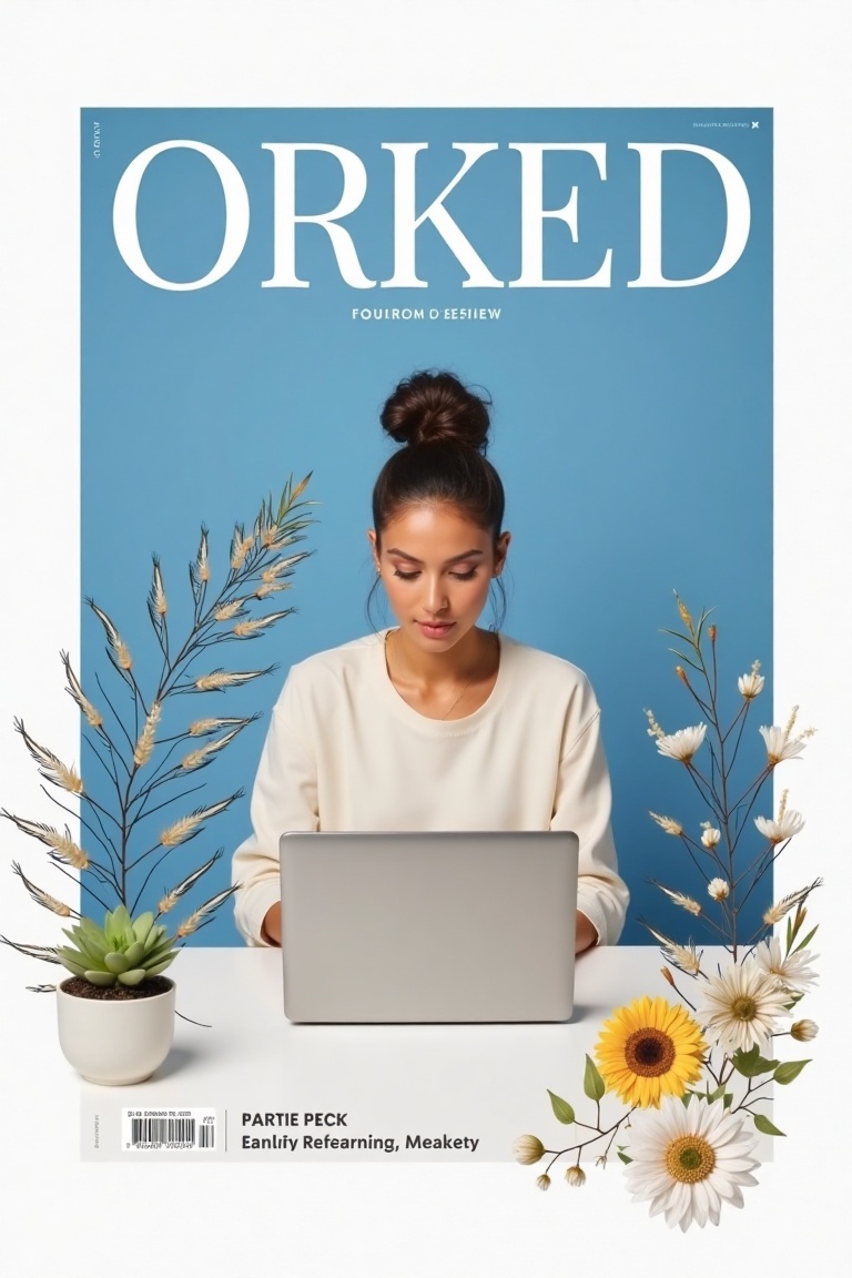 A neo-botanical magazine cover poster with ORKED in white font on a blue background,  set against a white background. The...
