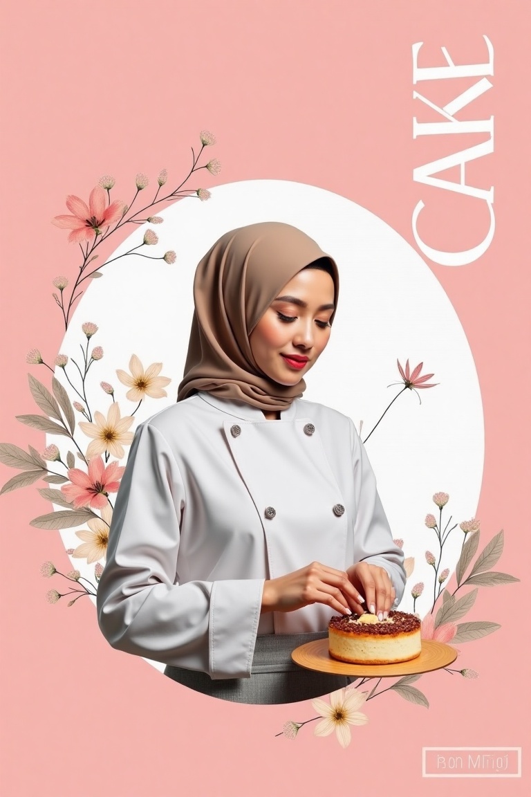 A neo-botanical magazine cover poster with CAKE in white font on the right side,  set against a pink background. The main...