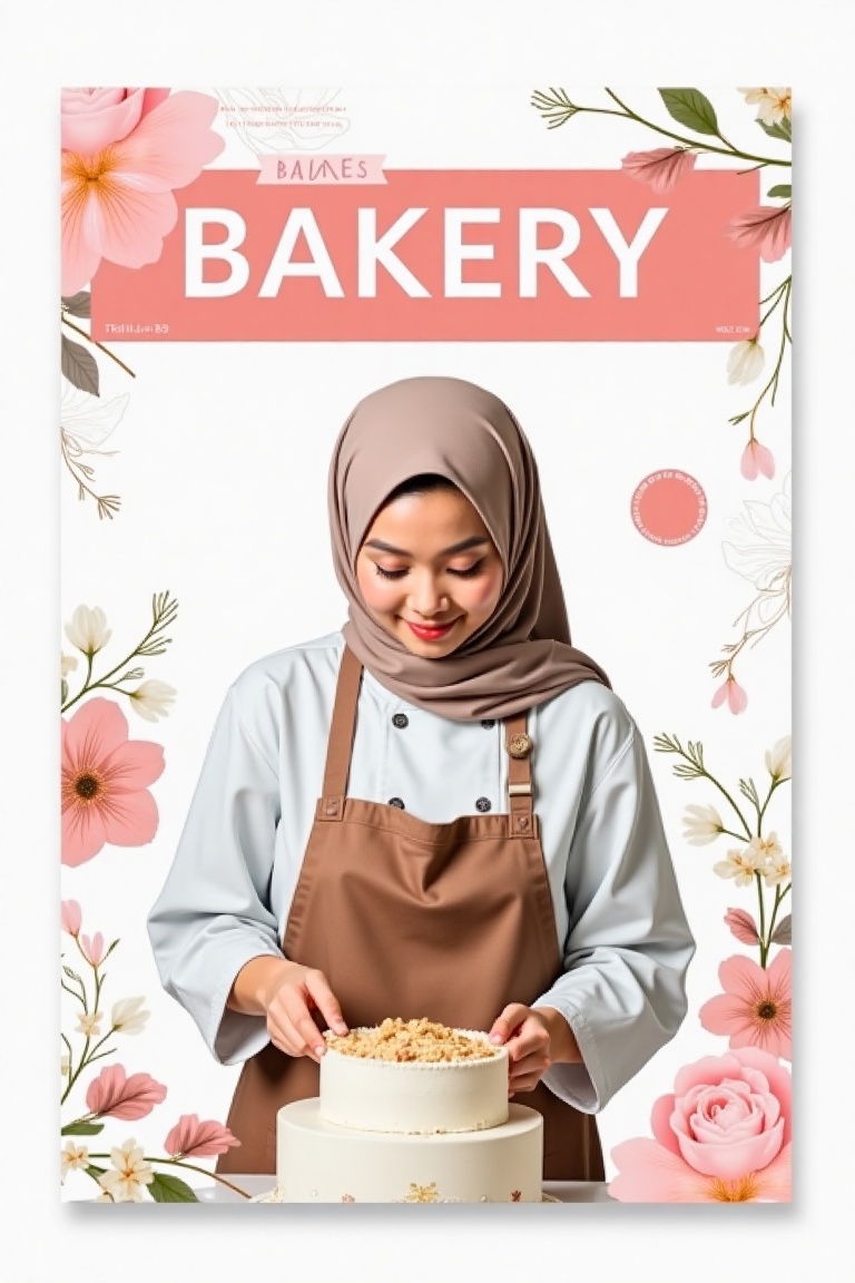 A neo-botanical magazine cover poster with BAKERY in white font on a pink background,  set against a white background. The...