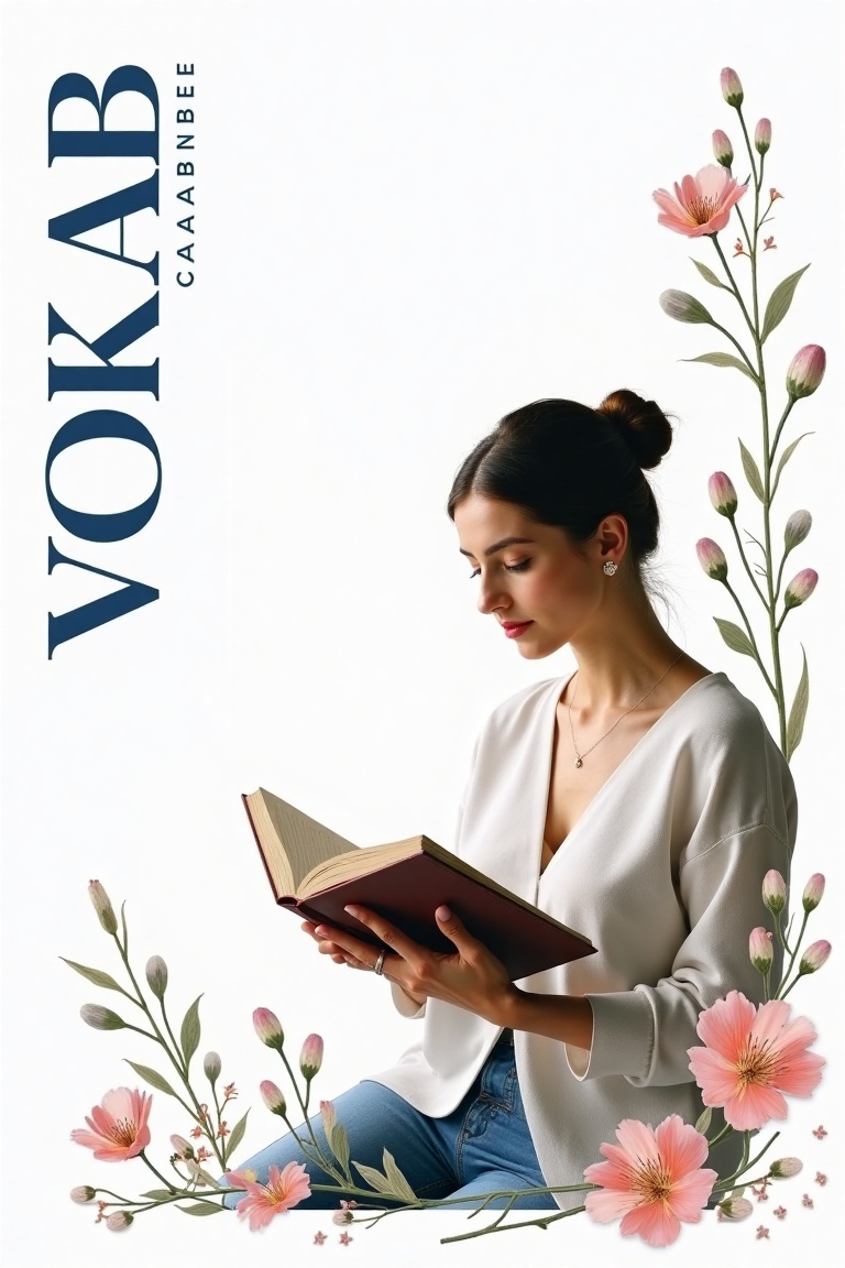 A neo-botanical magazine cover poster with VOKAB in blue text on the left side,  set against a white background. The main...