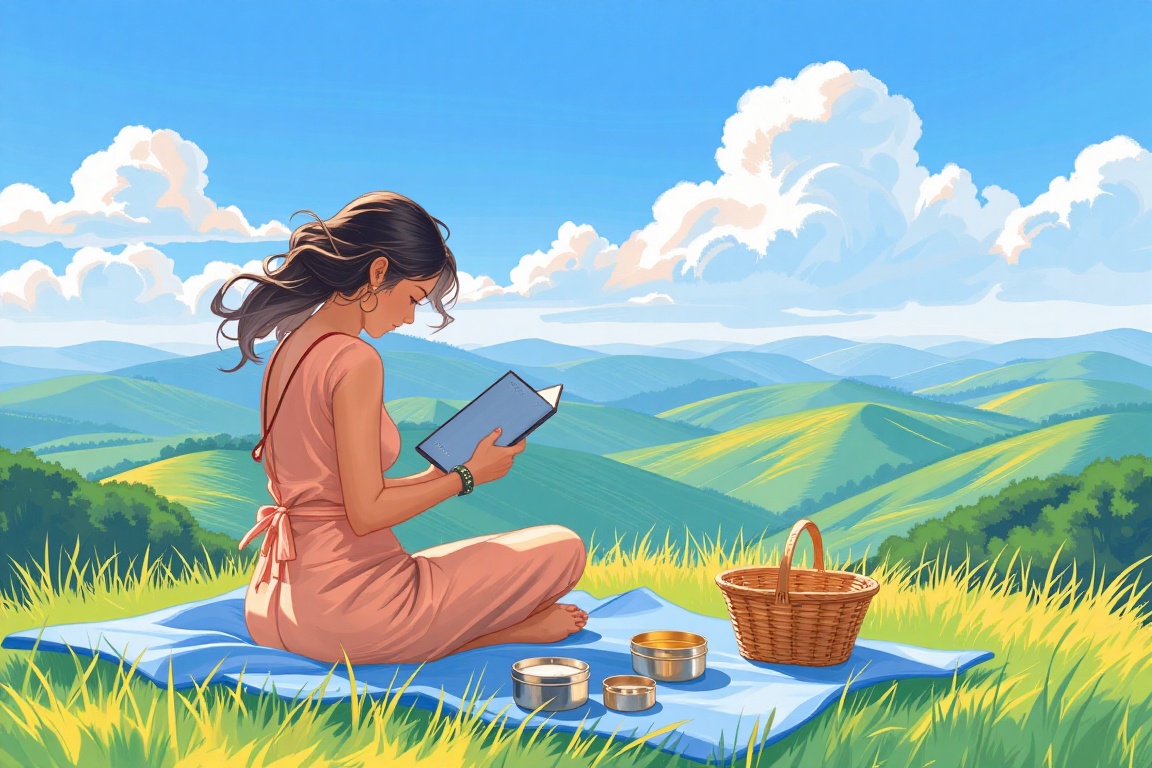 S0koraH3nStyle,  a cartoon drawing of a woman sitting atop a lush green hill,  engrossed in reading a book. Close up of he...