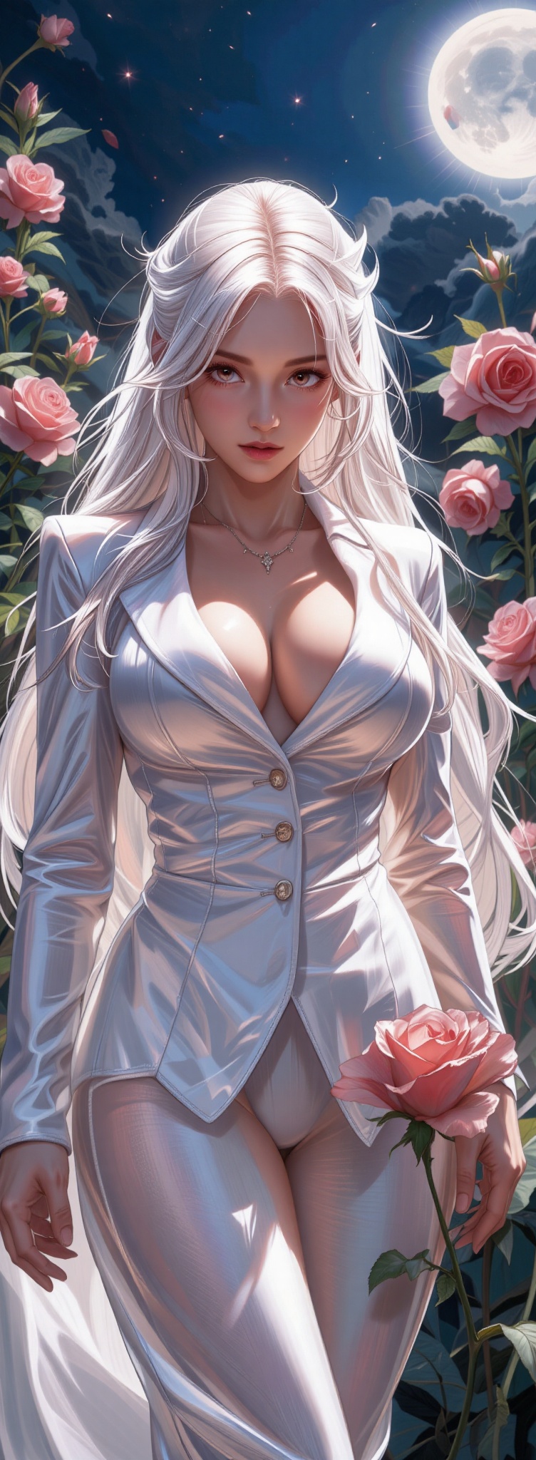 close up,  A cinematic masterpiece unfolds: under the moonlight,  the lonely beauty Sephiroth stands in the rose garden on...