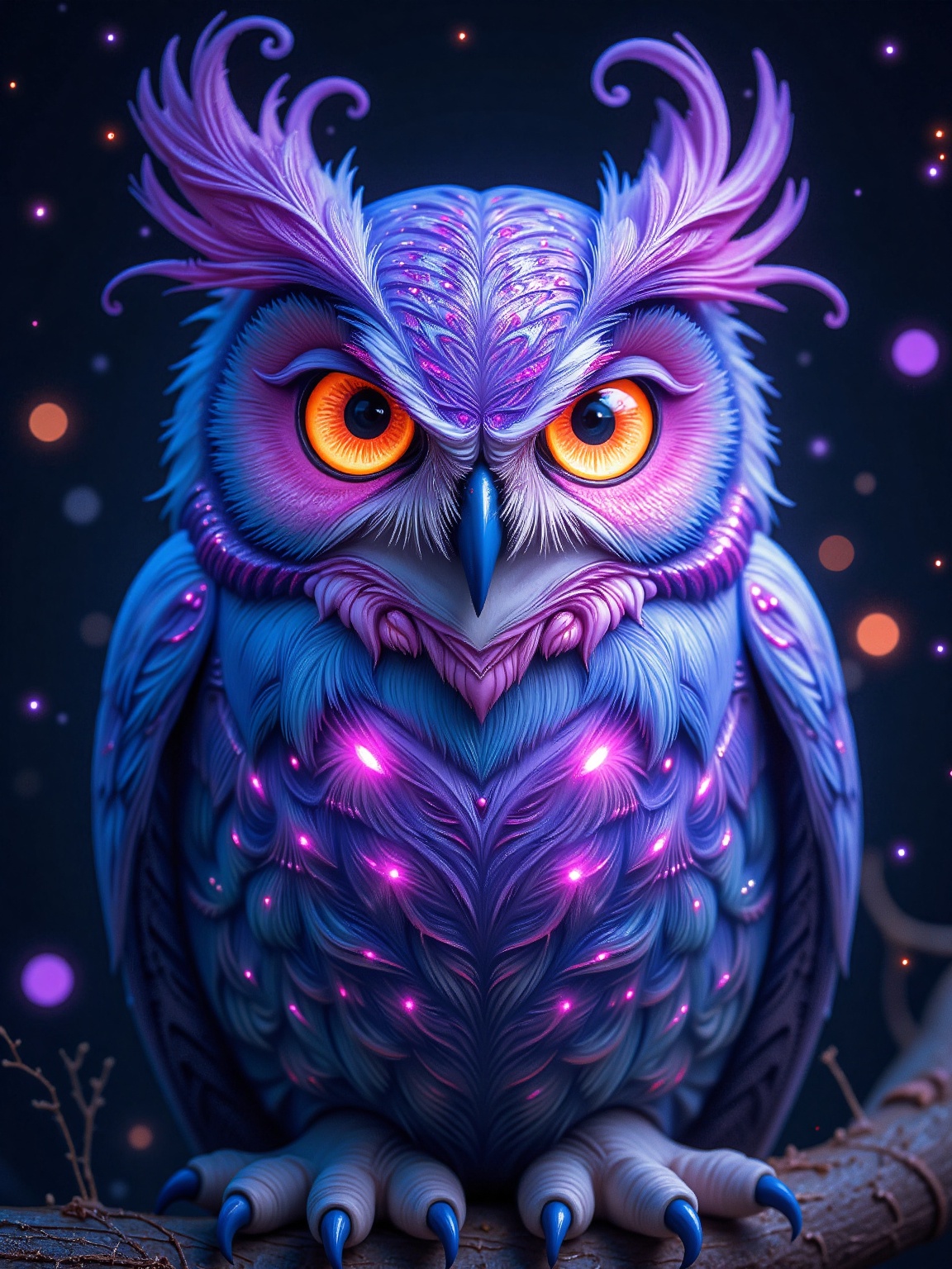 Niji Style,  A detailed close-up of an owl's head is shown. The owl's eyes are glowing a vibrant orange,  while its head i...