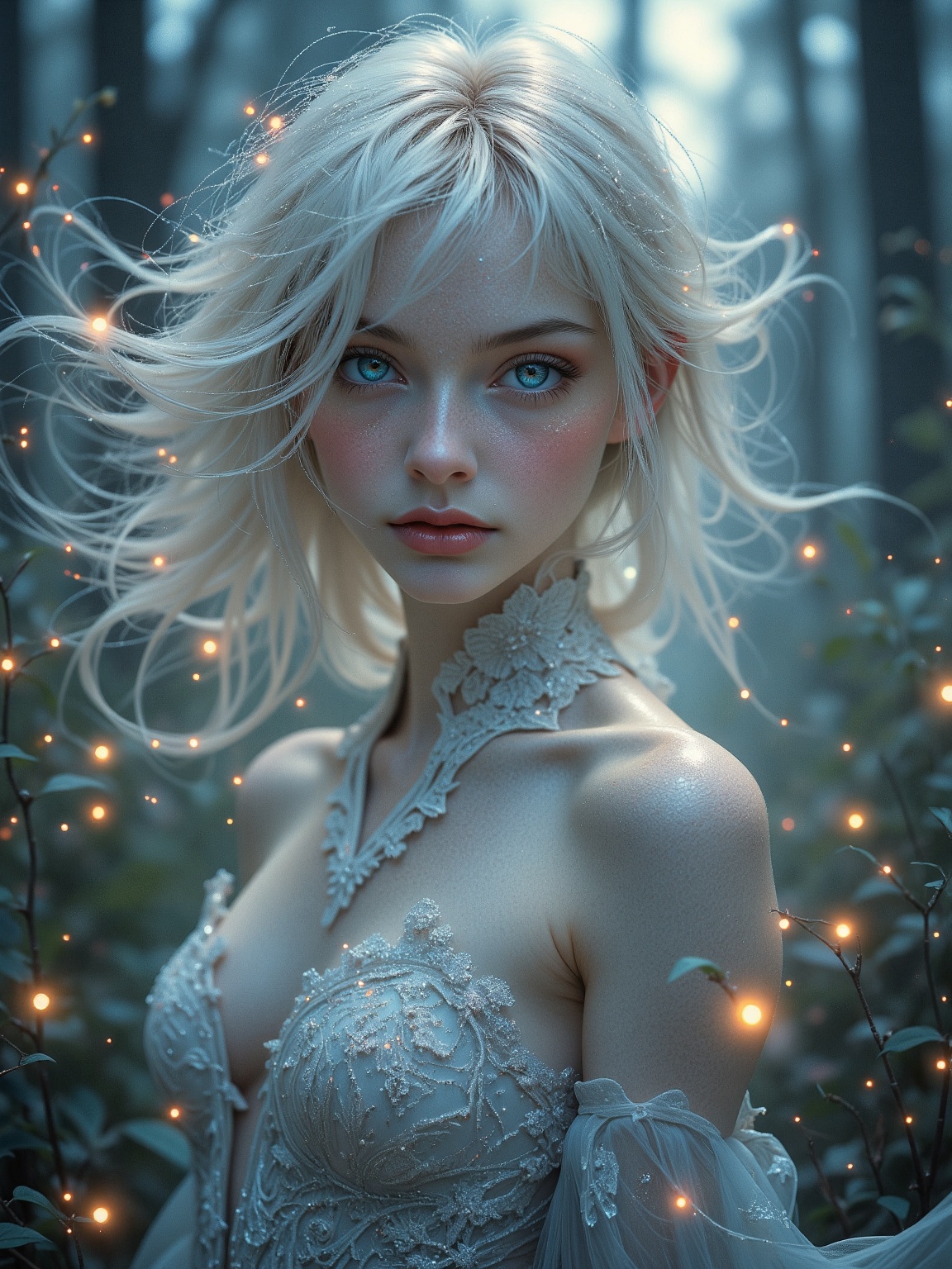 Niji Style,  Ethereal portrait of a young woman with alabaster skin and iridescent eyes,  framed by cascading platinum blo...