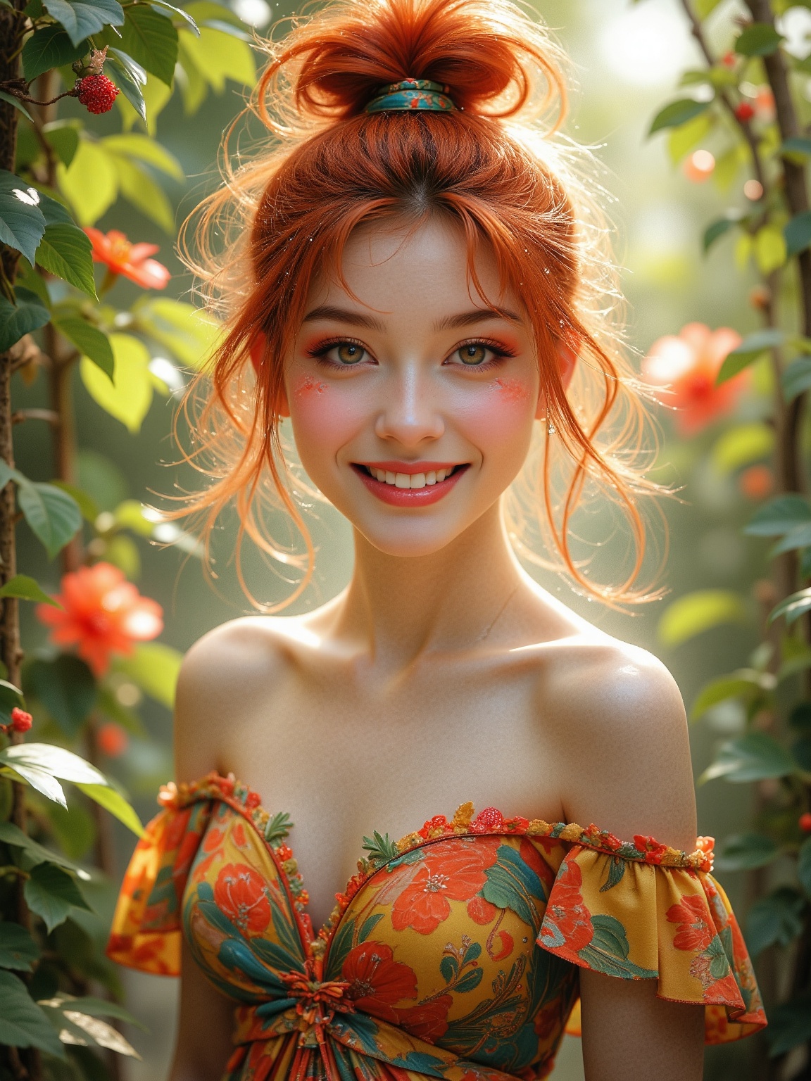 Niji Style,  A warm ray of sunlight filters through lush greenery,  casting dappled shadows across the vibrant off-the-sho...