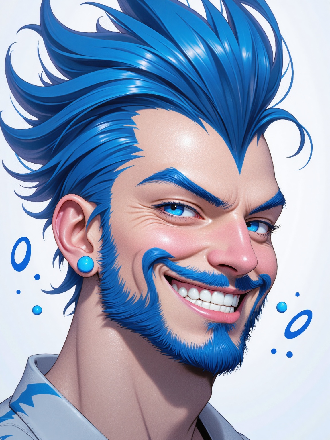 Niji Style,  A portrait of a man with a blue mustache and beard. The man has blue hair that is styled in a mohawk. His eye...