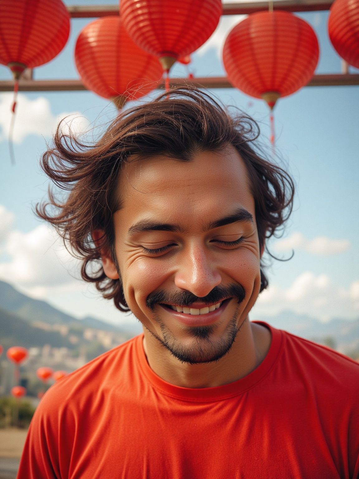 Niji Style,  A close-up of a man's face is displayed in a vibrant red t-shirt. The man's hair is wavy,  and cascades over...