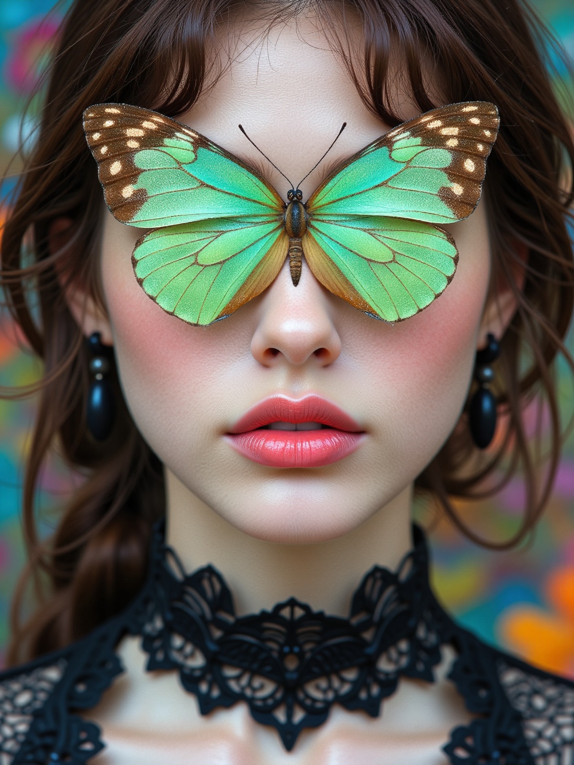 Niji Style,  A close-up shot of a woman's face,  positioned in front of a backdrop of a colorful wall. The woman's eyes ar...