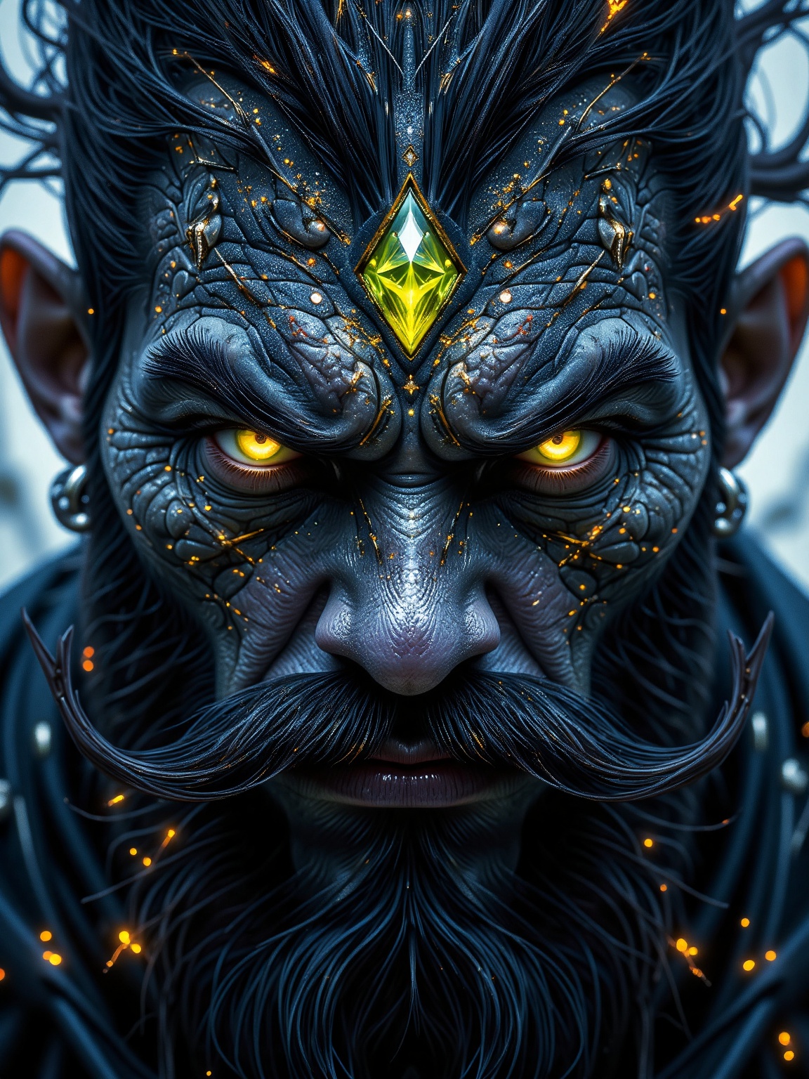 Niji Style,  An eye-level image of a black demon-like creature with a long dark beard and mustache. The creature's face is...