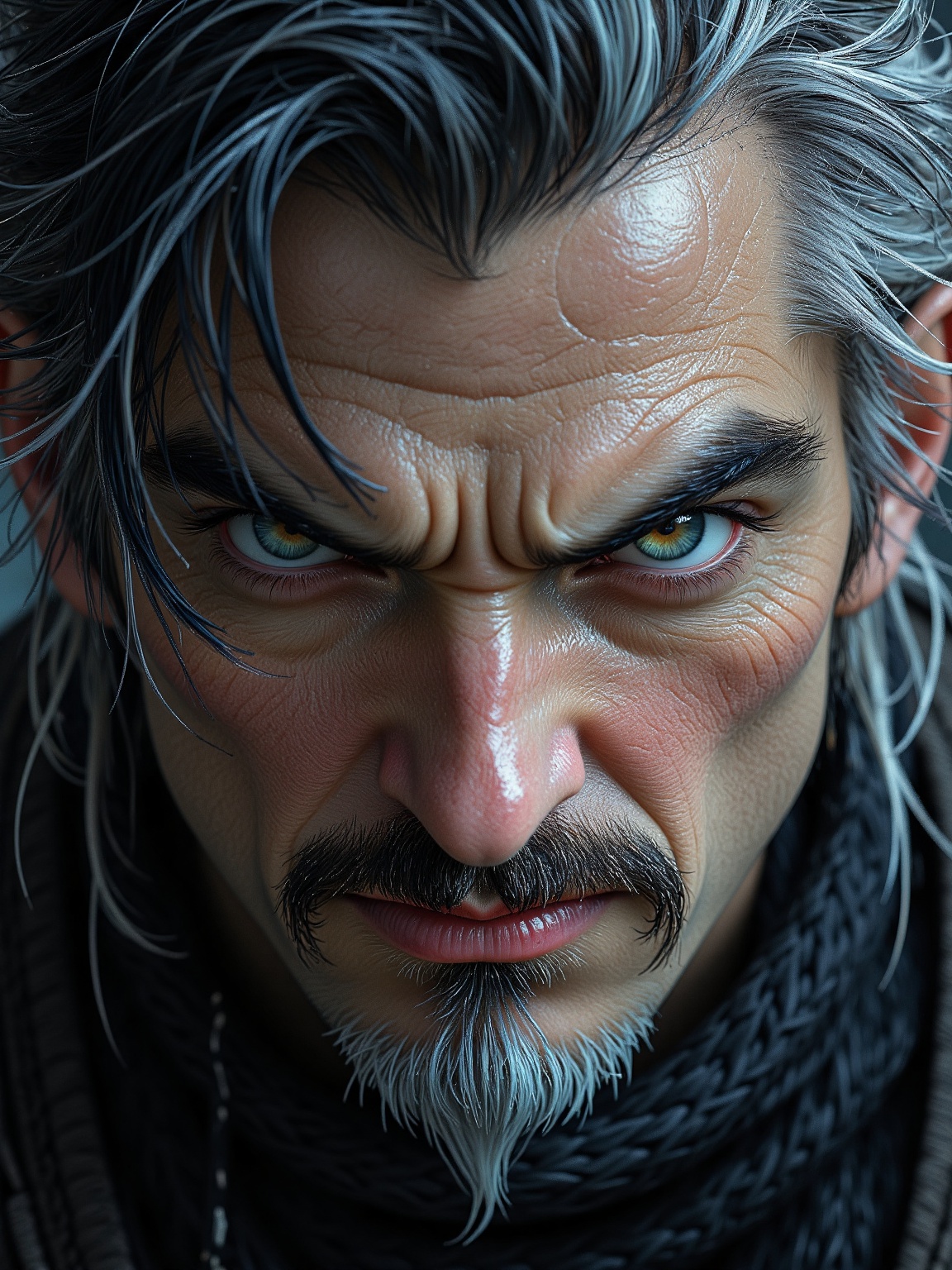 Niji Style,  A close-up portrait of a man's face. The man's eyebrows are furrowed,  and his eyes are a piercing green. His...