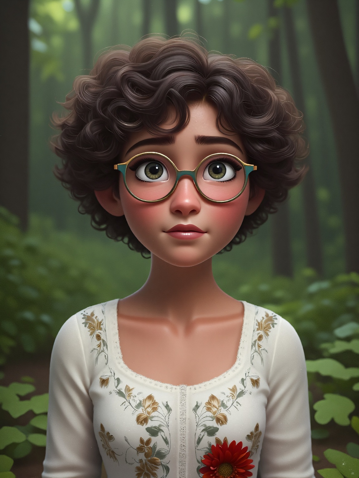 A detailed,  realistic portrayal of a young girl with curly hair,  wearing round glasses and a white blouse adorned with i...