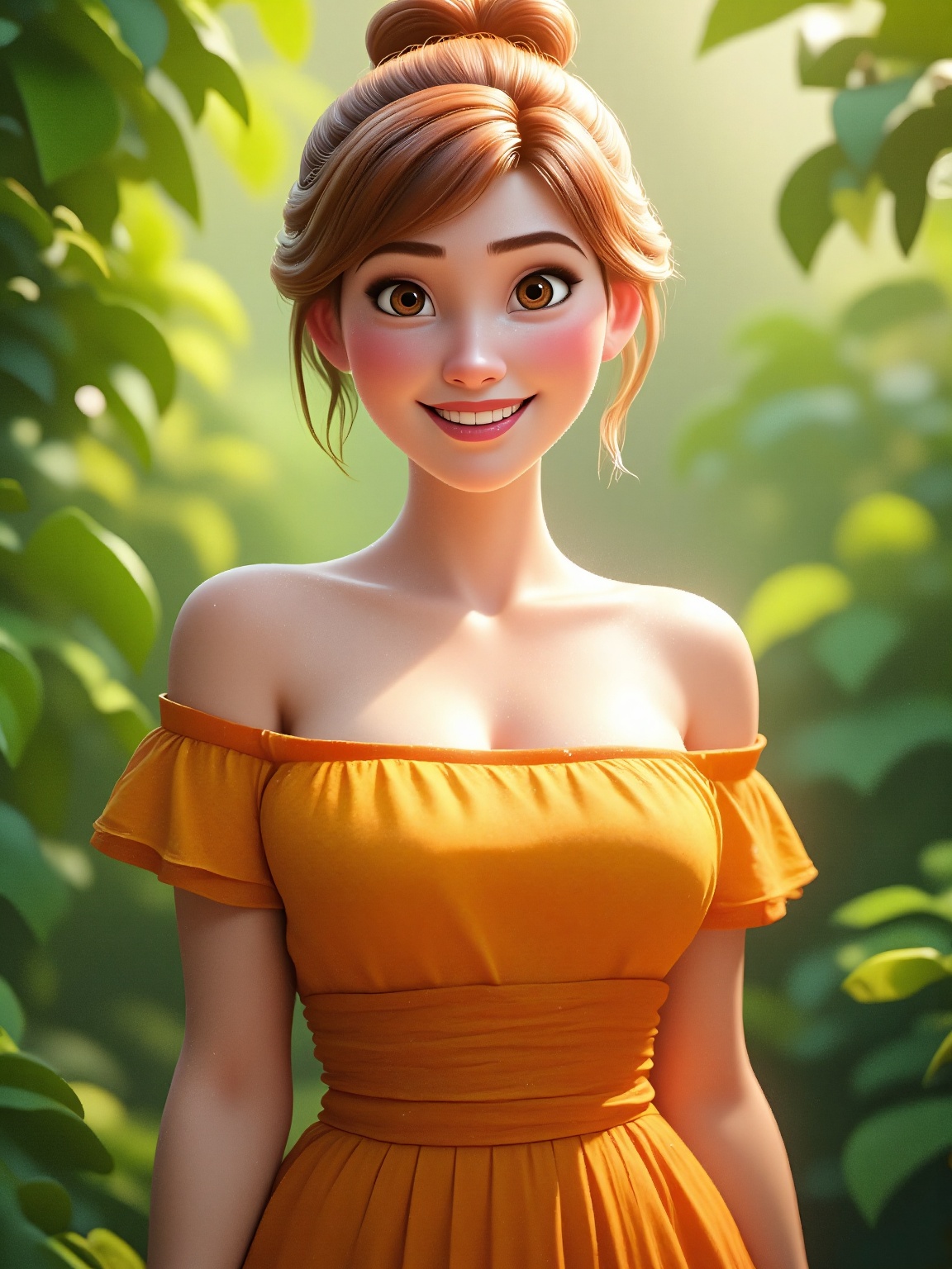 A warm ray of sunlight filters through lush greenery,  casting dappled shadows across the vibrant off-the-shoulder dress a...