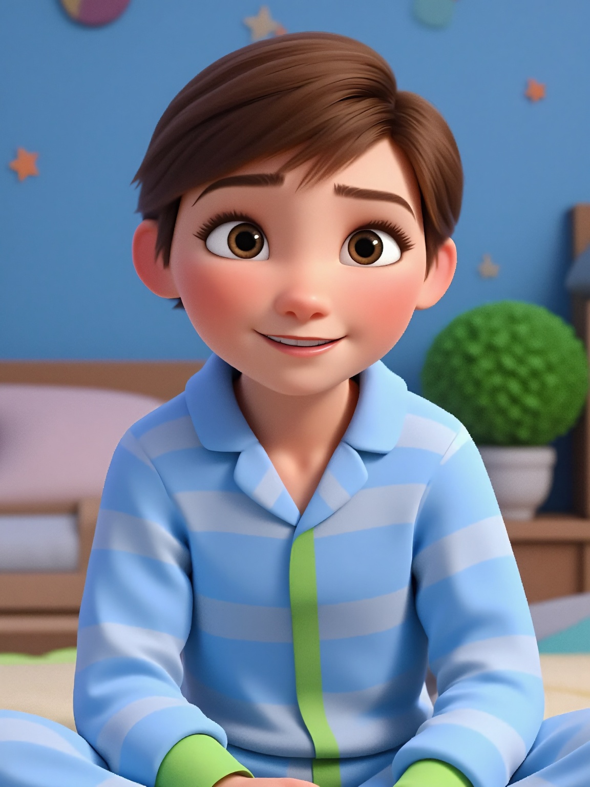 An animated cartoon of a boy sitting on a bed. The boy is wearing a blue and white striped pajamas with a green stripe dow...