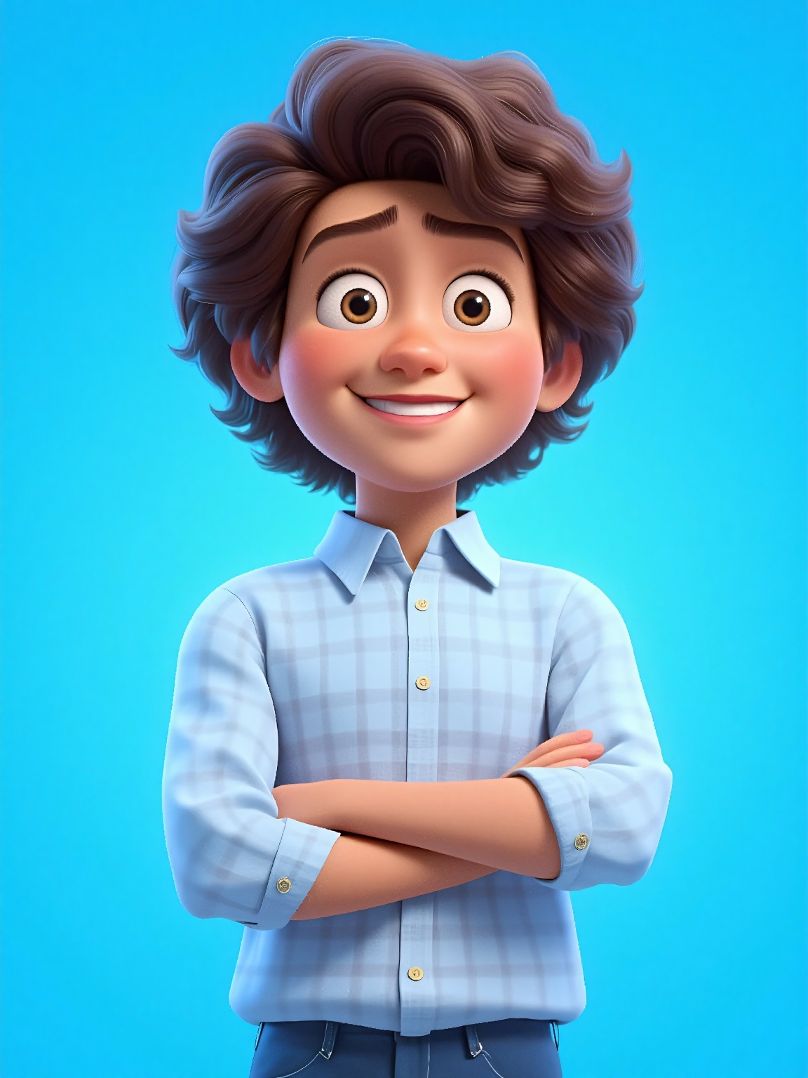 A 3D animated character with a cheerful expression,  set against a vivid blue background. The character has curly brown ha...