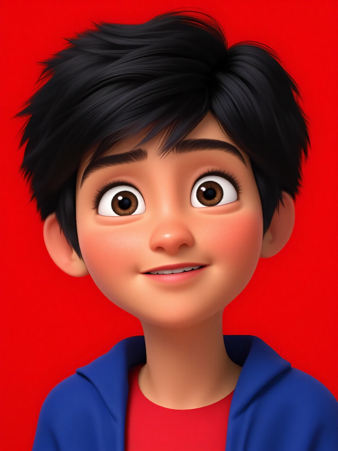 A close-up of a young animated character with a cheerful expression. The character has dark,  tousled hair and large,  exp...
