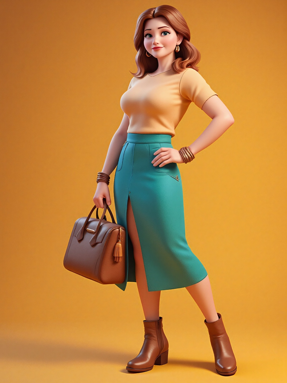 A digitally rendered portrait of a young woman,  standing against a warm,  golden-hued background. She is dressed in a sty...