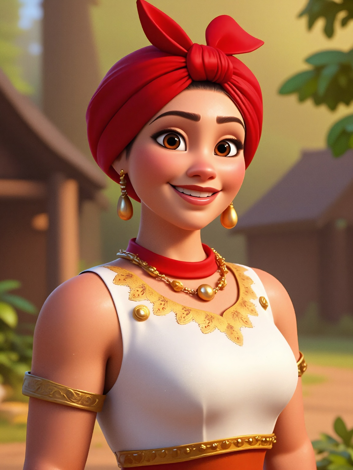 A vivid,  animated portrait of a young woman with a radiant smile,  set against a backdrop of a lush on Tensor.Art
