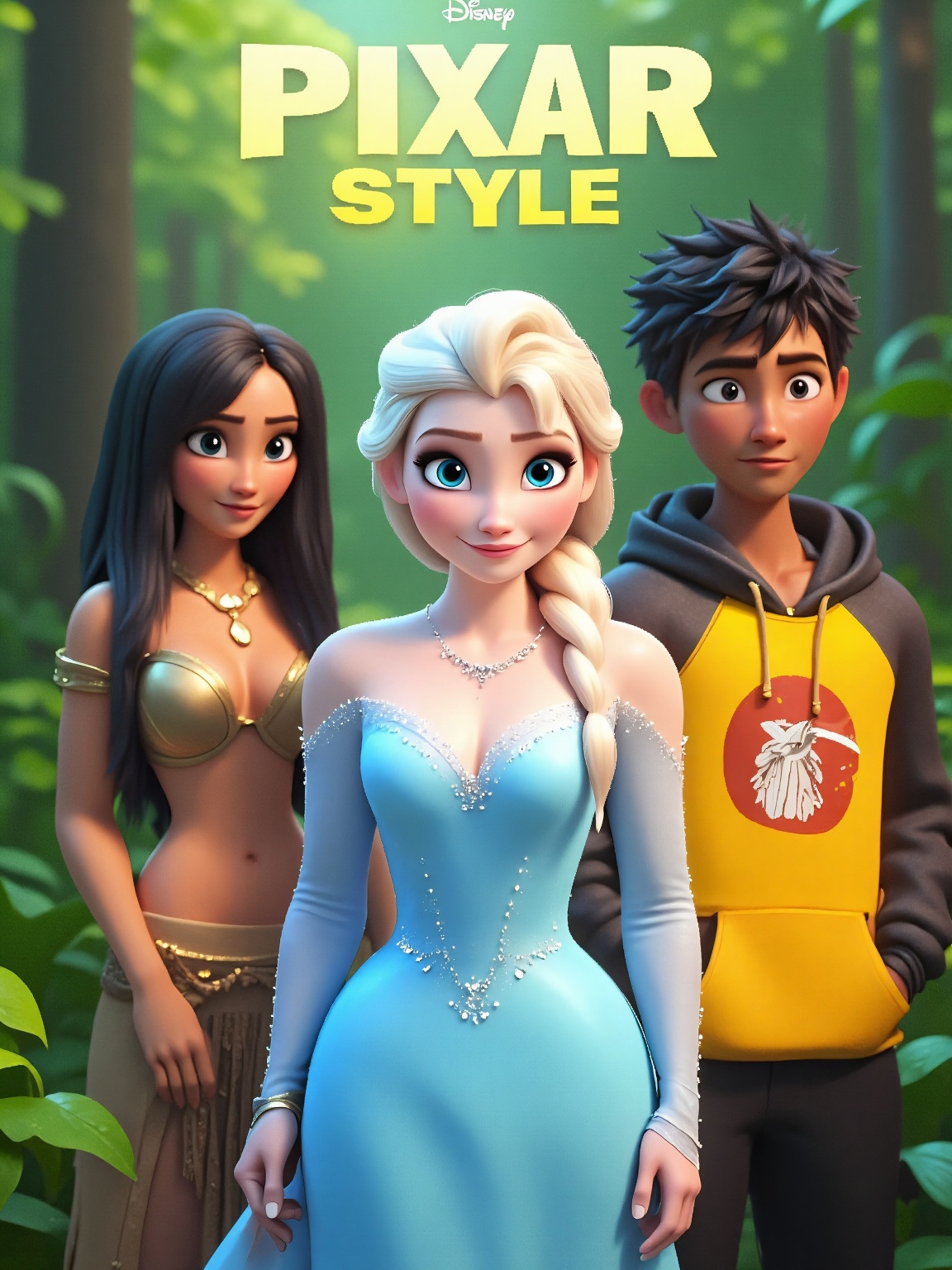 Pixar-style digital artwork featuring three characters in a lush forest. A blonde woman in an icy blue gown with crystal d...