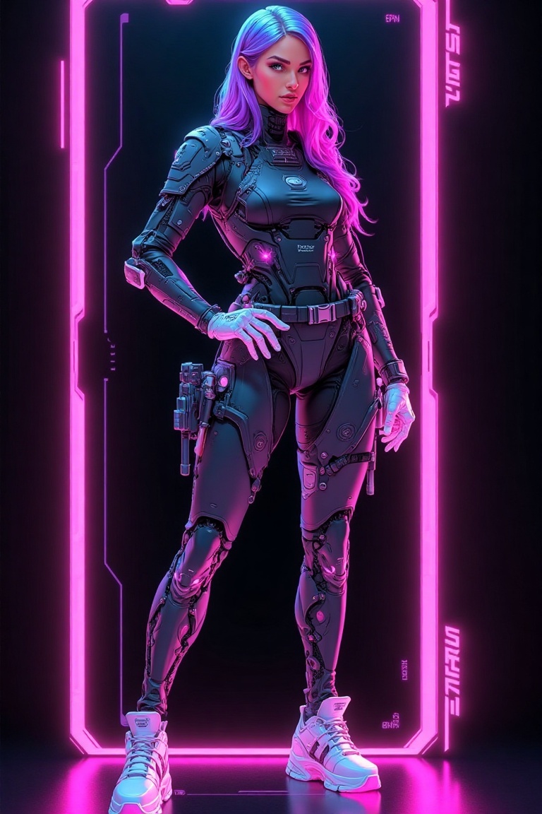 A CyberTech noir neon poster featuring a woman in futuristic VTuber attire. She stands confidently in the center of the fr...