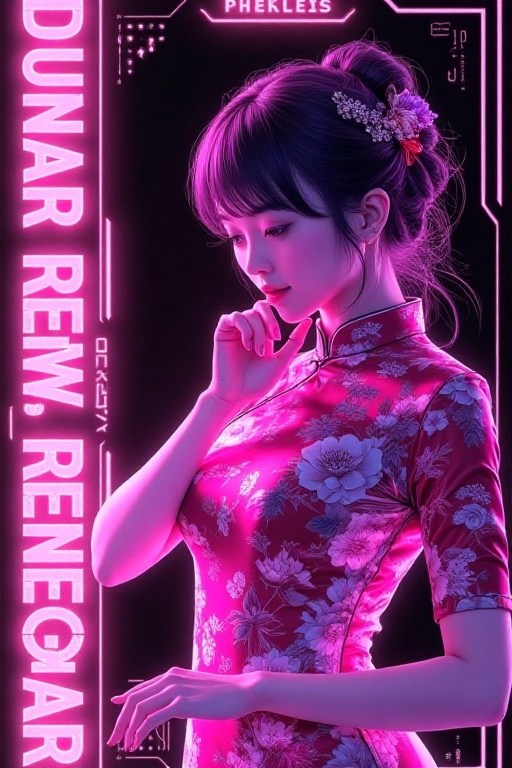CyberTech Noir Neon Poster,  title text on left "LUNAR NEW YEAR " in magenta neon color,  main subject on Tensor.Art