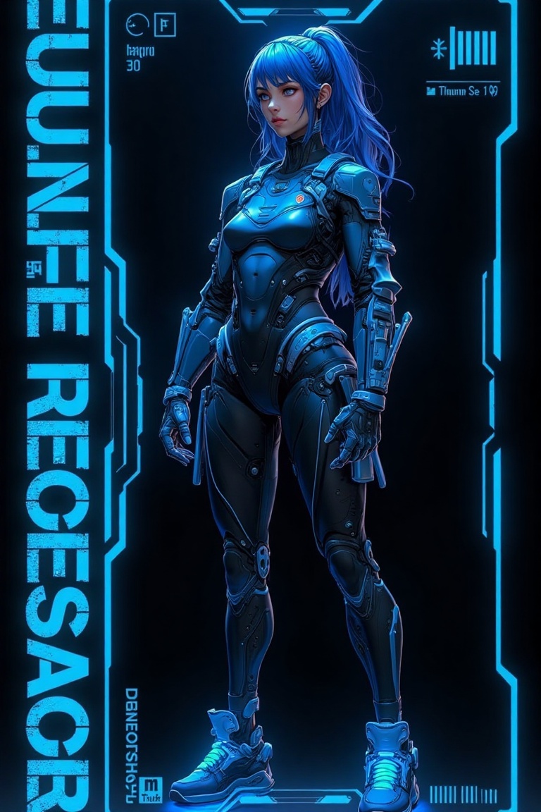 A CyberTech noir neon poster with the text FUTURISTIC in blue neon on the left side. The main subject is a woman in futuri...