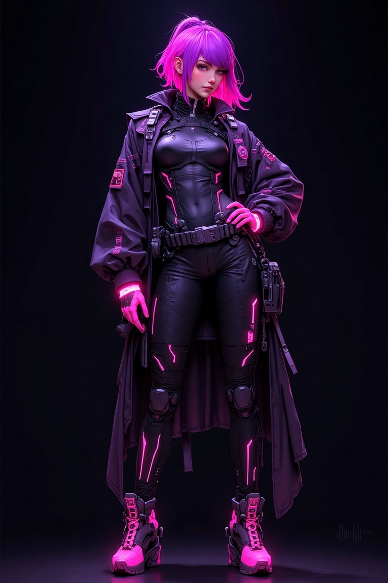 A cyberpunk noir poster featuring a woman in futuristic VTuber attire,  standing confidently in the center of the frame. H...