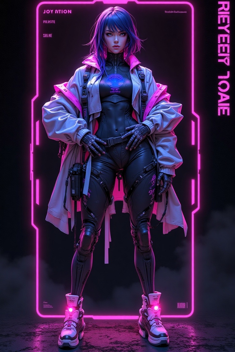 A CyberTech noir neon poster featuring a woman in futuristic VTuber attire. She stands confidently in the center of the fr...