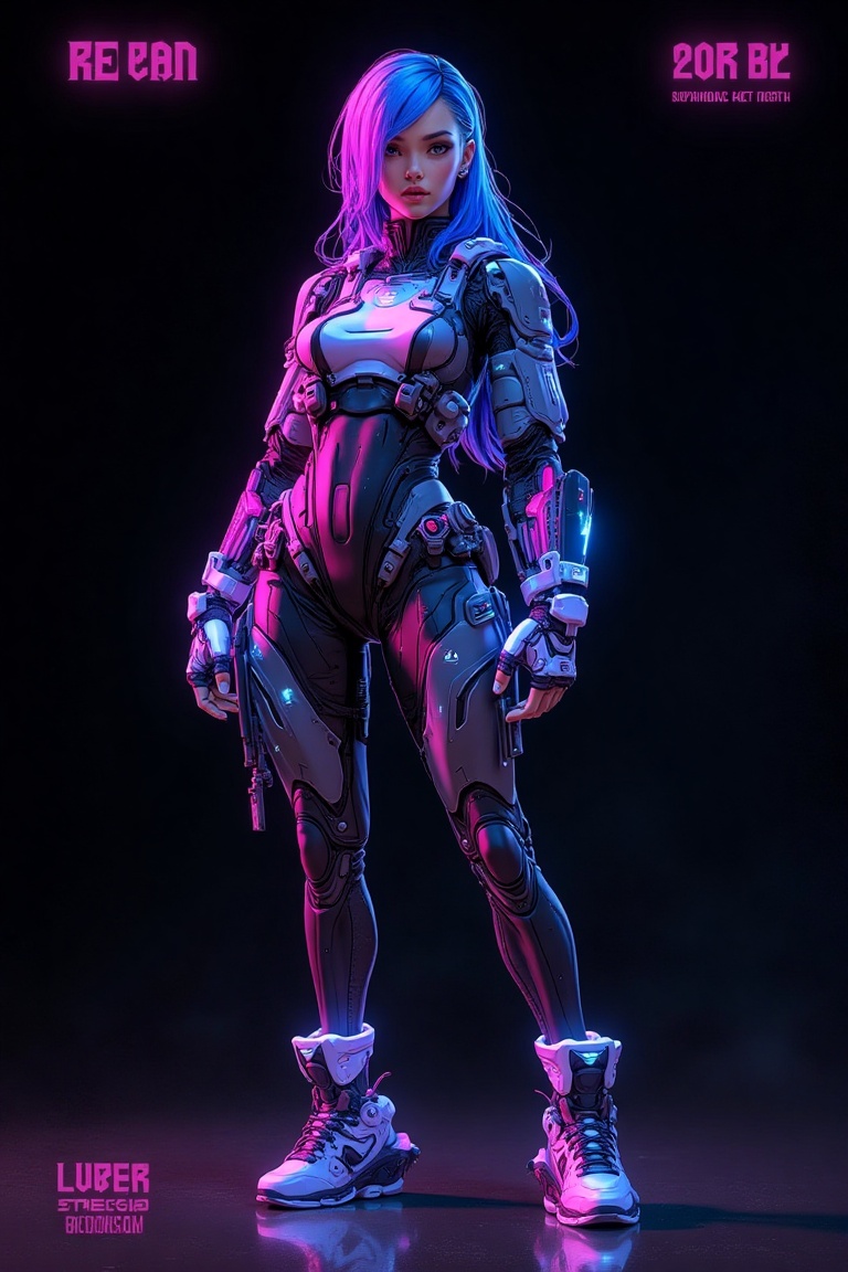 A CyberTech noir neon poster featuring a woman in futuristic VTuber attire. She stands confidently in the center of the fr...