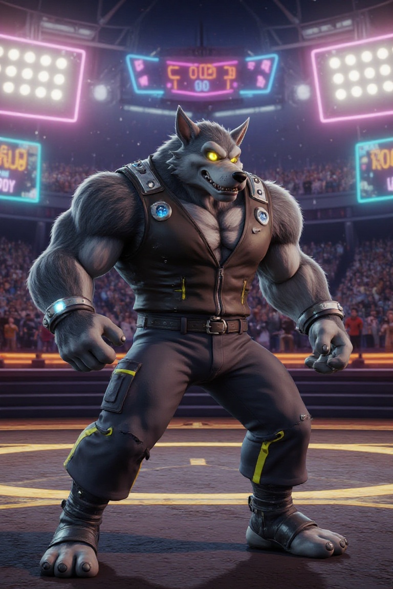 futuristic werewolf fighter,  wolf McHowl,  in a cyberpunk 3D style. He has grey fur on Tensor.Art