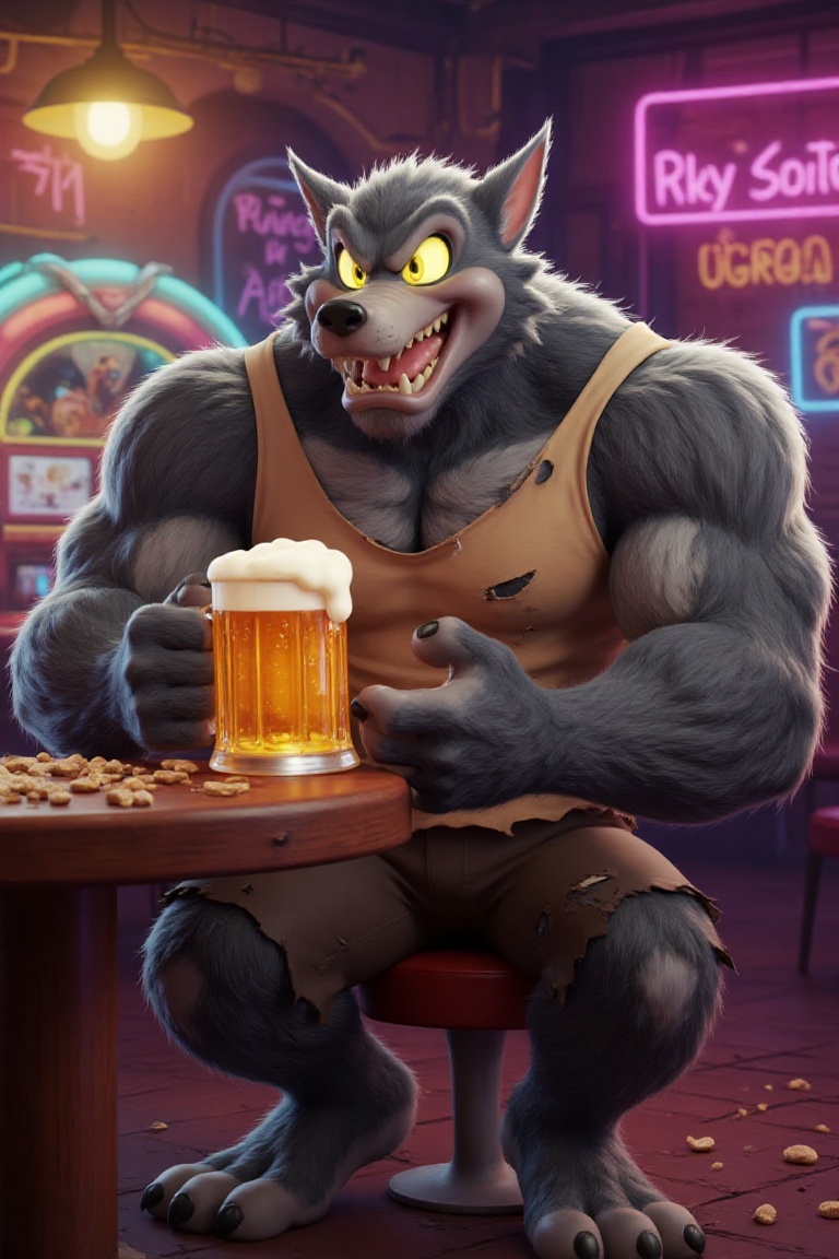 Looney Tunes-style character,  a rogue werewolf named wolf McHow,  with a muscular body and imposing appearance on Tensor.Art