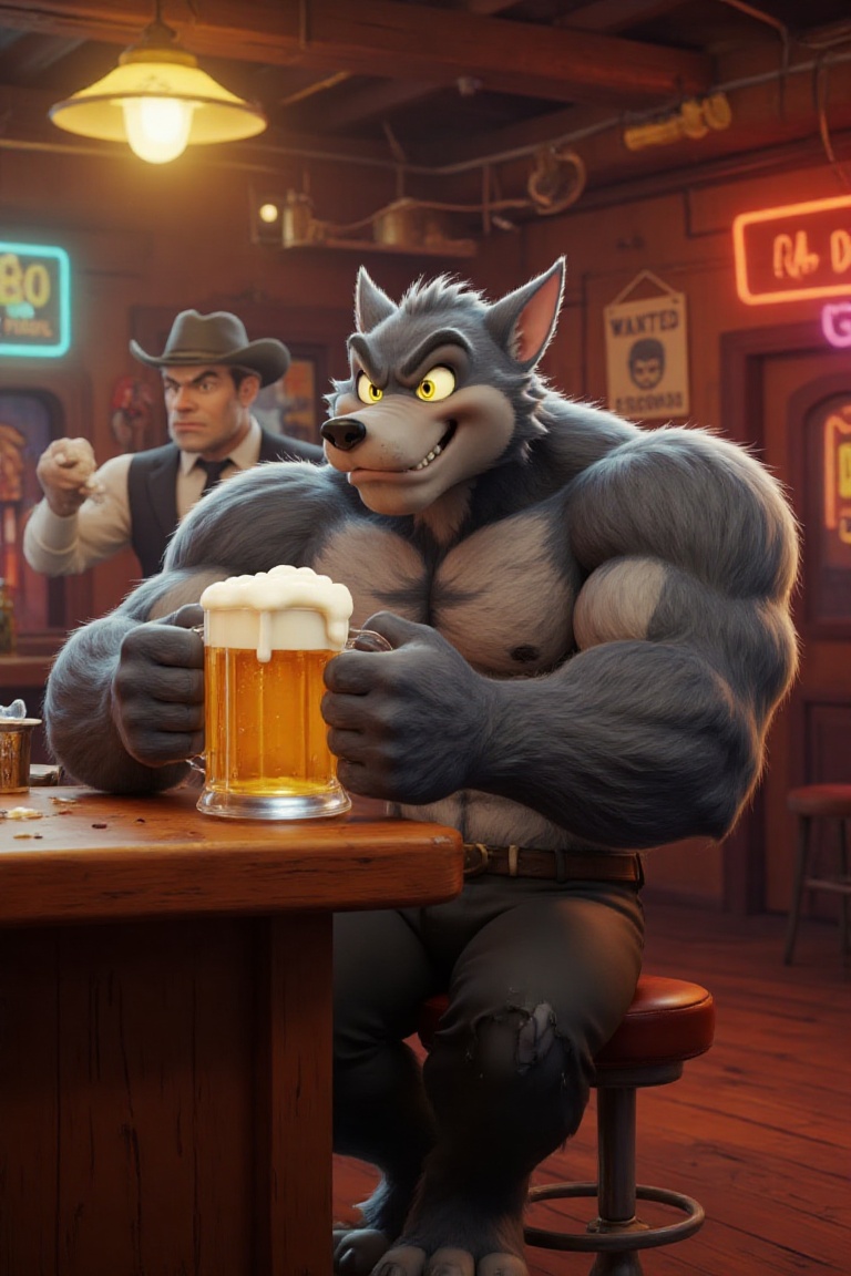 wolf McHow in classic Looney Tunes animation style,  sitting at an old-fashioned bar,  drinking a frothy root beer. His bi...