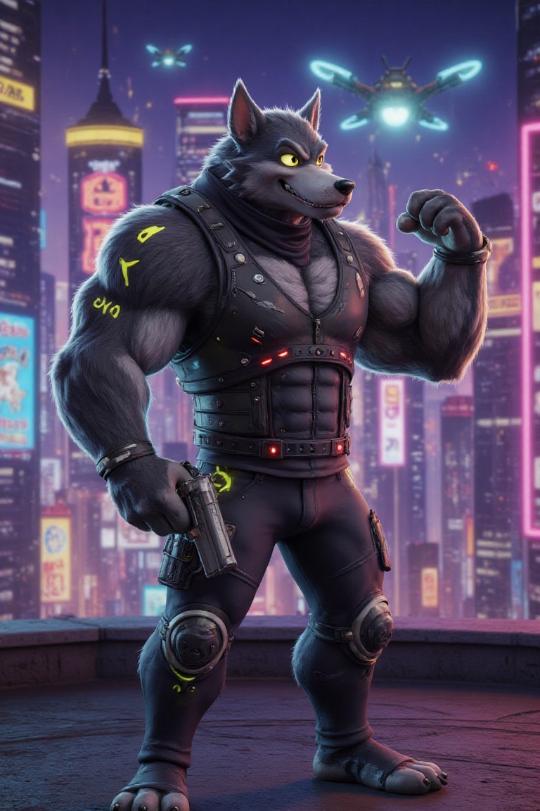 wolf McHowl,  a muscular cyberpunk werewolf,  standing confidently in a futuristic 3D environment. He wears a high-tech ar...
