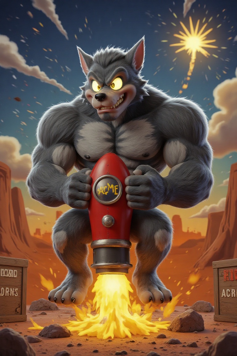 wolf McHowl,  a powerful and goofy werewolf male muscular in Looney Tunes-style,  sitting inside an ACME rocket on Tensor.Art