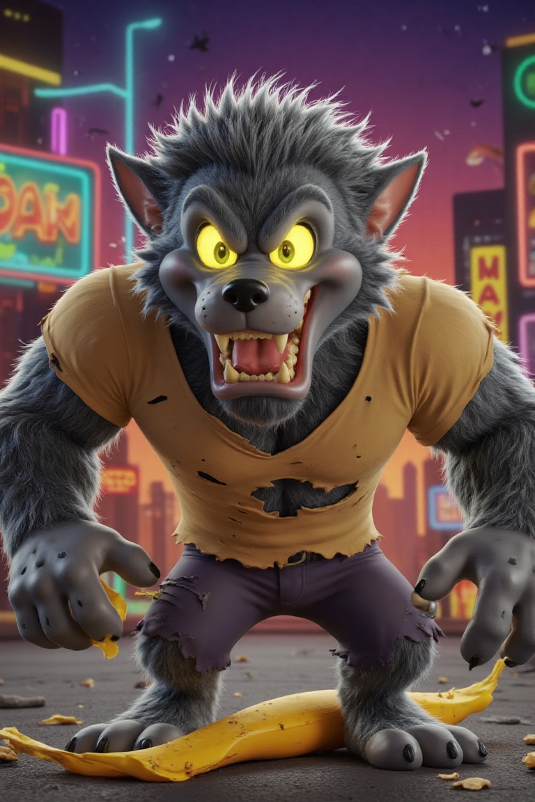 Looney Tunes-style character,  a rogue werewolf named wolf McHowl. He has shaggy gray fur,  glowing yellow eyes on Tensor.Art