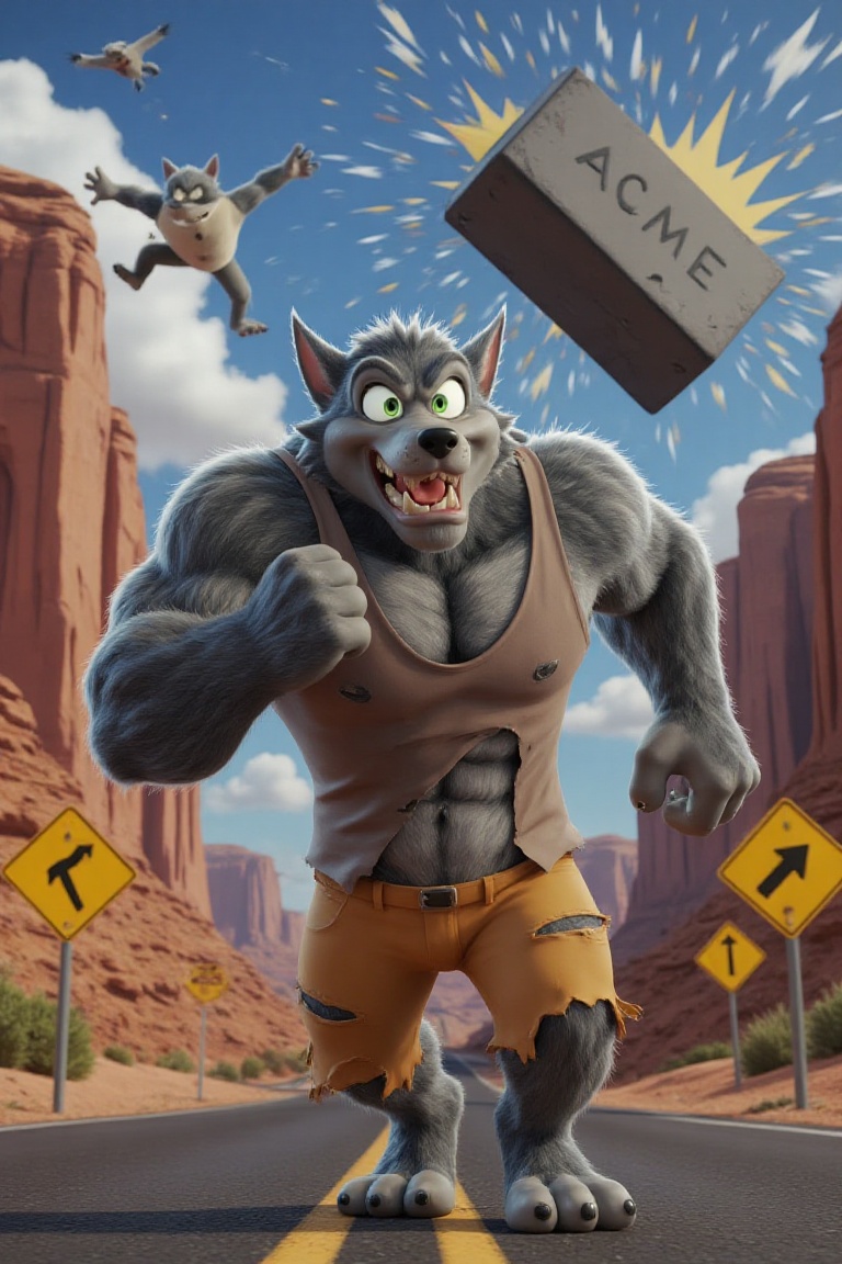 Looney Tunes-style scene with wolf McHow running from a giant ACME anvil falling from the sky. His eyes are wide in classi...