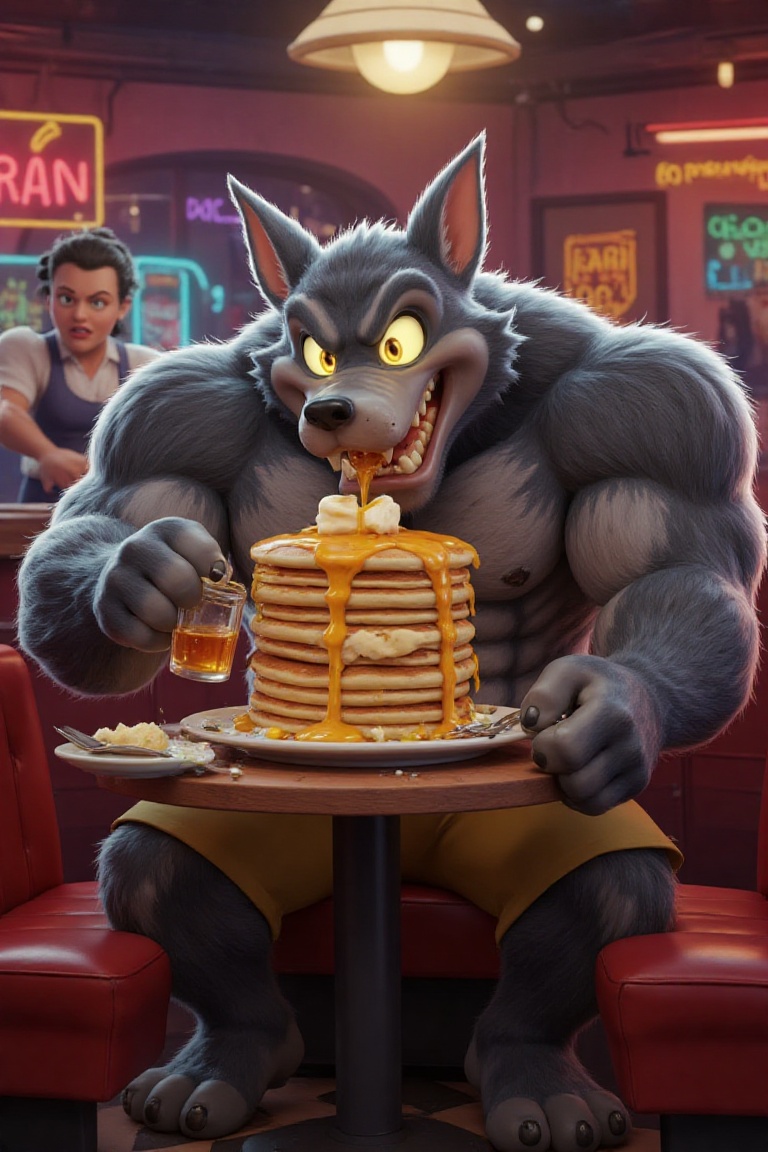 wolf McHowl,  the hulking werewolf in Looney Tunes-style,  sitting at a tiny diner booth on Tensor.Art