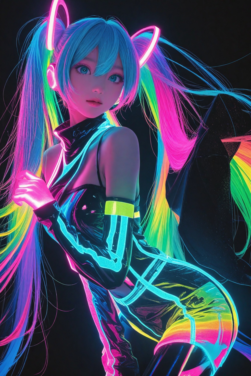Hatsune Miku,  limited palette,  black background on Tensor.Art